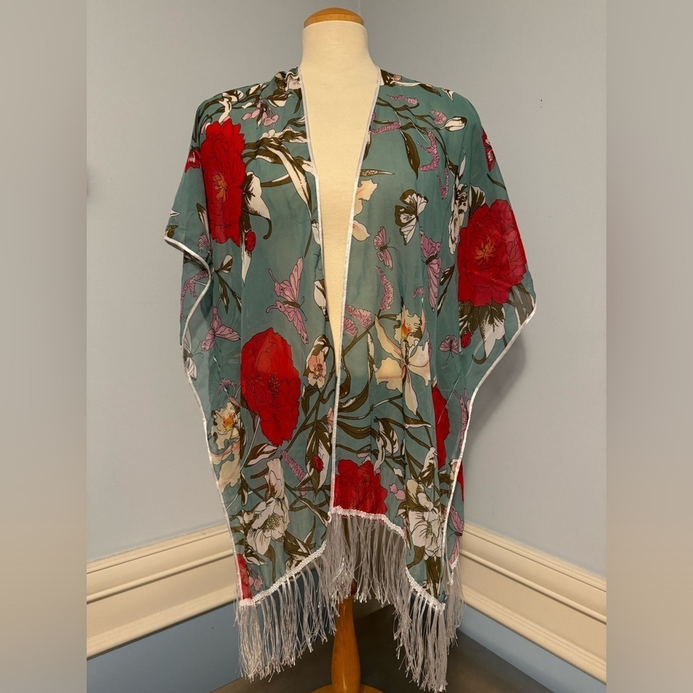 Printed floral boho duster shrug coverup with fringe